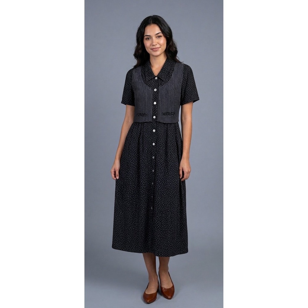 Karin Stevens Maxi Dress 6 Black Polka Dot Faux Vest Vintage 90s Modest Teacher